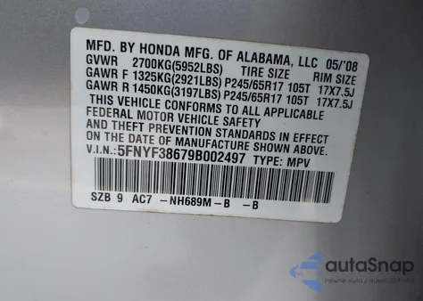 2009 Honda Pilot Ex-L z USA, uszkodzony, nr VIN 5FNYF38679B002497